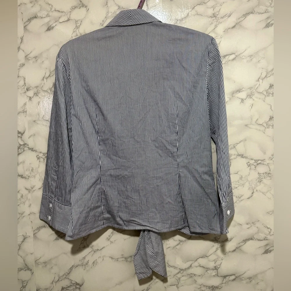 Lafayette 148 New York Navy and White Narrow-Stripe Button Shirt - Picture 8 of 8